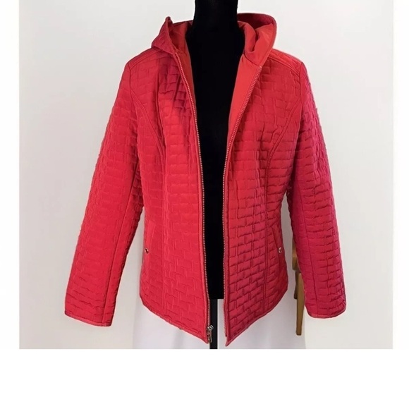 Esprit Jacket Sz L Red Womens Quilted Hooded With Pockets Fall Winter Preppy EUC - Picture 1 of 9